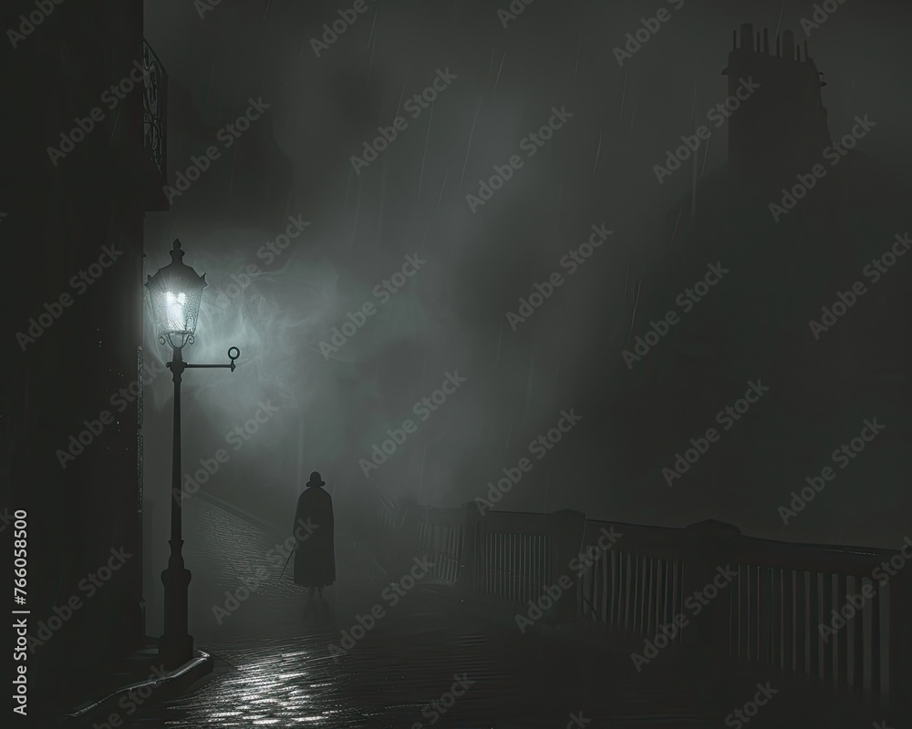 A shadowy figure standing at the end of a foggy deserted street at night - obrazy, fototapety, plakaty 