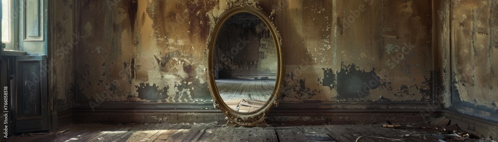 An antique mirror that reveals a desolate alternate version of the room it reflects