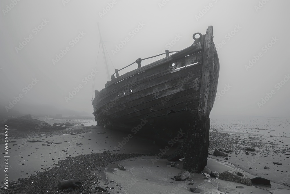 A derelict shipwreck on a foggy beach where the sound of a distant bell can be heard at midnight - obrazy, fototapety, plakaty 