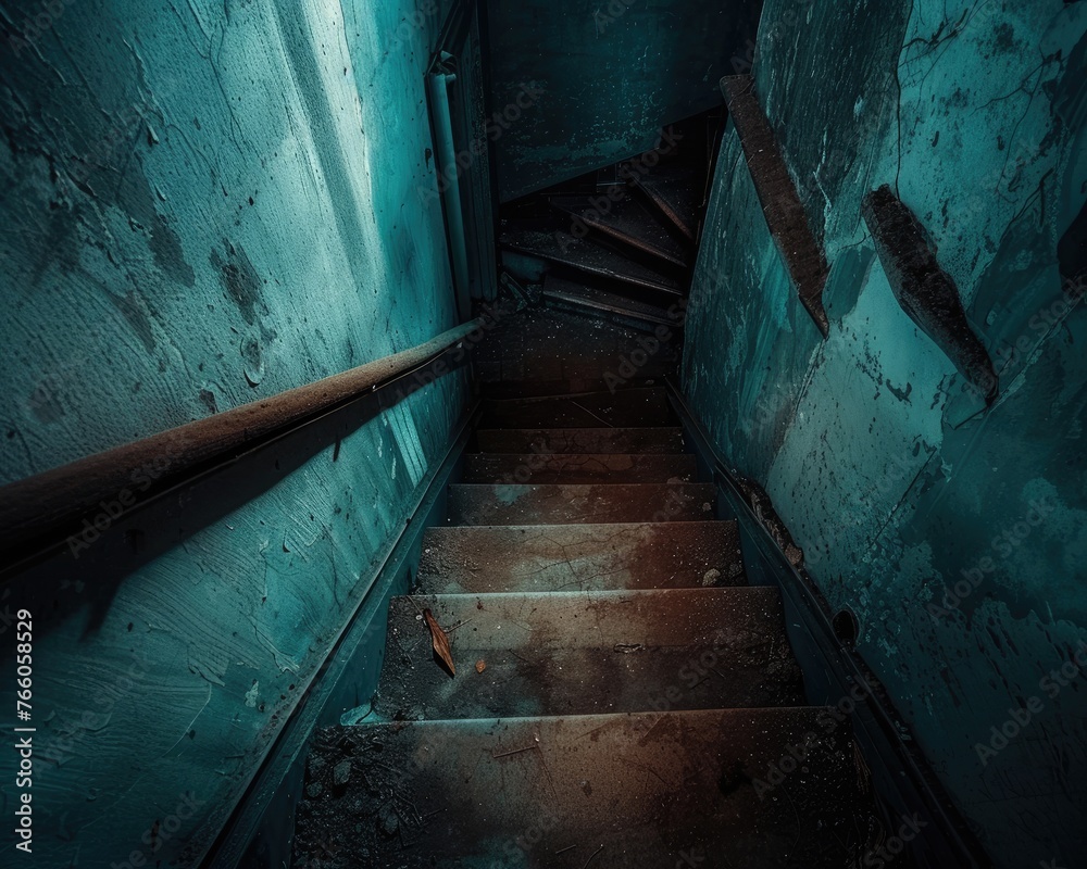 Obraz premium A decrepit staircase leading down to a dark unknown basement