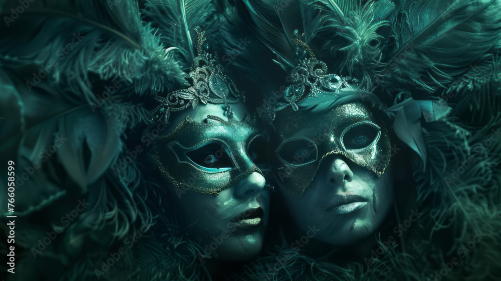 Two people are wearing masks, surrounded by feathers, in a style characterized by dark turquoise and dark gold, embodying timeless beauty. - obrazy, fototapety, plakaty 