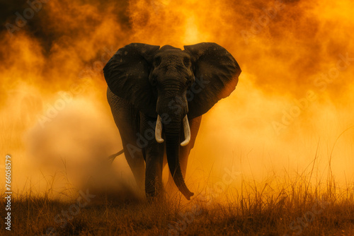 Majestic African Elephant Charging Through Golden Dust at Sunset