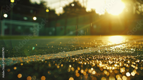 A soccer pitch at sunset is lighting up under bright lights, in a light green and light gold, polished concrete, and glittery and shiny style.