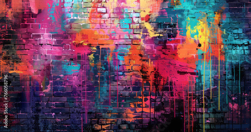 A colorful graffiti painting on a brick wall, in a post-apocalyptic backdrops and matte photo style.