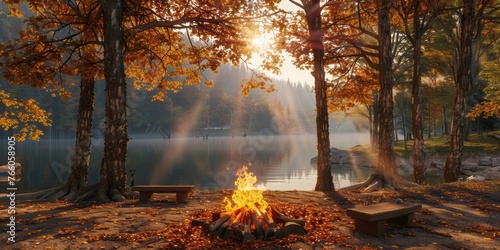 A campfire is located in a forest in autumn, in a style that is orange and emerald, serene and peaceful ambiance, and nostalgic atmosphere.