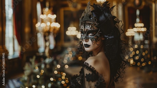 An opulent, masquerade ball fashion photoshoot in a grand, candlelit hall. The model wears a dramatic 