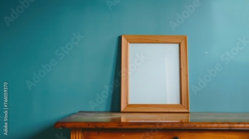 There is a wooden photo frame placed on a table against a blue wall.