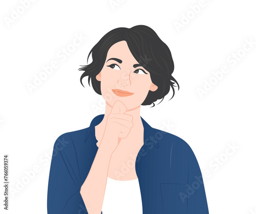 A beautiful young woman is contemplating and planning her career and life to be successful. Vector illustration.