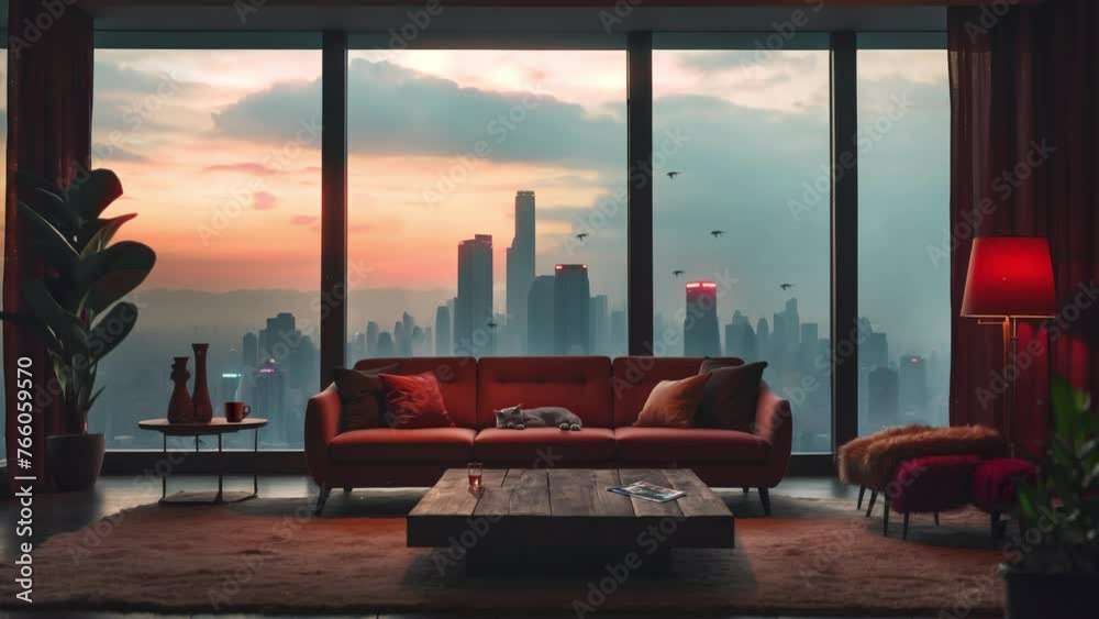 animated stream overlay, virtual visual novel backgrounds, loop, interior of a cozy elegant living room at sunrise. vtuber asset. twitch zoom OBS game screen. Chill anime lo-fi hip hop. Relaxing warm 