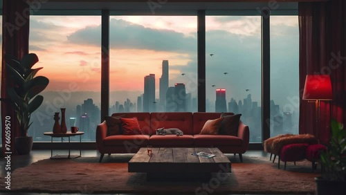 animated stream overlay, virtual visual novel backgrounds, loop, interior of a cozy elegant living room at sunrise. vtuber asset. twitch zoom OBS game screen. Chill anime lo-fi hip hop. Relaxing warm 