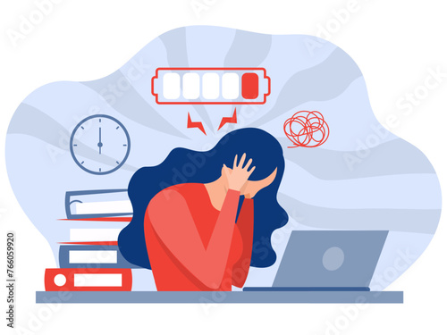 Professional burnout syndrome. Tired woman stress with full and low energy battery working on computer in workplace. Frustrated depressed office worker with stress, vector