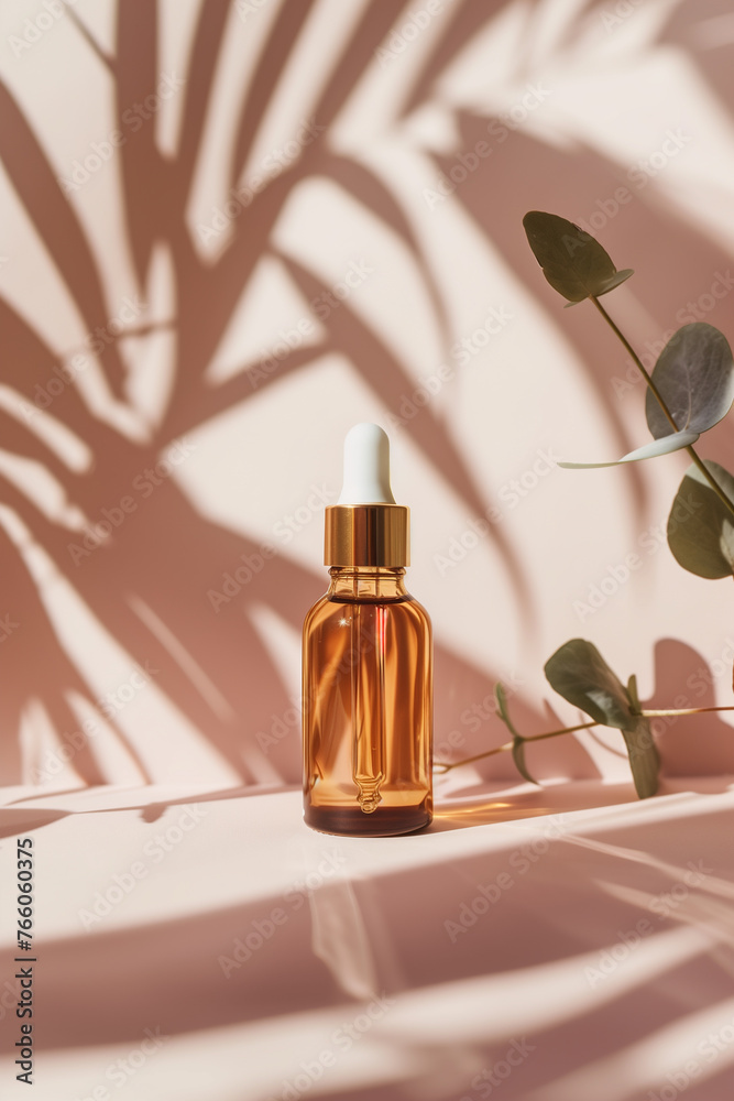 Serum dropper bottle mockup on pastel background with soft light and shadows