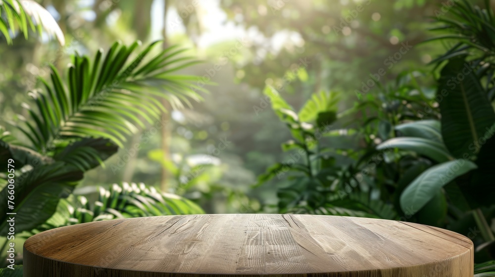 Table top wood counter floor podium in nature outdoors tropical forest garden blurred green jungle plant background.