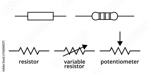 resistor,rheostat or variable resistor, and potentiometer symbol set isolated on white background