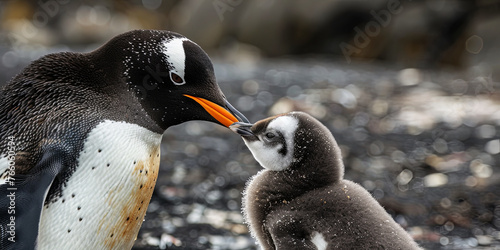 an adult and baby penguin in the natural environment, generative AI photo