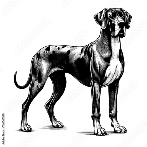 Full-length Great Dane dog standing. Hand Drawn Pen and Ink. Vector Isolated in White. Engraving vintage style illustration for print, tattoo, t-shirt