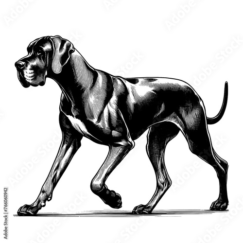 Full-length Great Dane dog walking. Hand Drawn Pen and Ink. Vector Isolated in White. Engraving vintage style illustration for print  tattoo  t-shirt