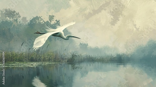 A solitary egret flying over the wetlands, its graceful form reflected in the still waters below. photo