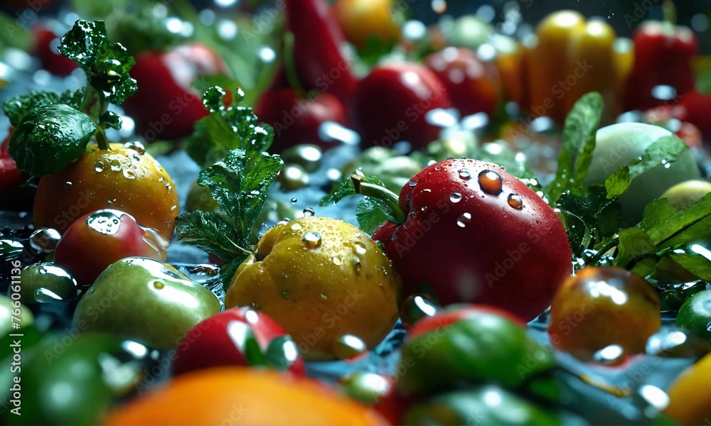 Fresh fruits and vegetables with water droplets, macro photography ,hyperdetailed, hyperrealistic