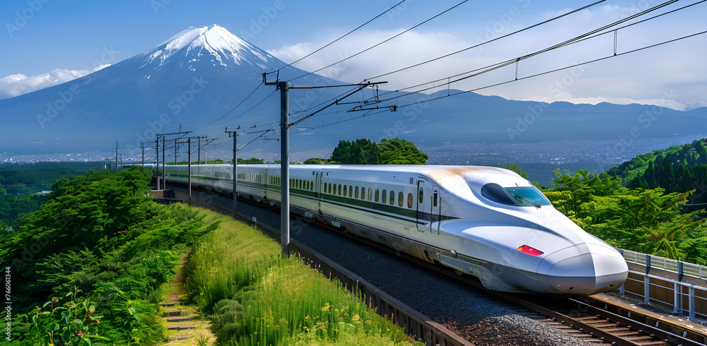 A train is traveling through a mountainous area. The train is white and is traveling at a high speed. The mountains in the background are covered in snow. The sky is clear and blue