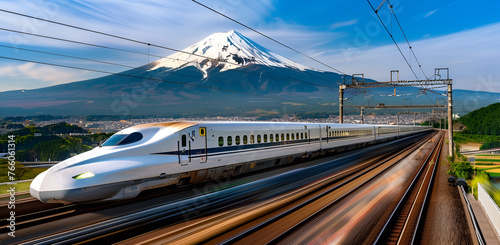 A train is traveling down a track next to a mountain. The train is very long and has a sleek design. The mountain in the background is covered in snow and he is very tall. Concept of speed and power