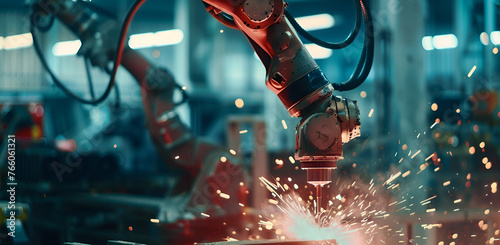 Industry 4.0 robots are working in a factory surrounded by sparks and debris. A repository of industrial activity and the power of technology. photo