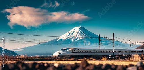 A train is traveling through a mountainous area. The train is white and is traveling at a high speed. The mountains in the background are covered in snow. The sky is clear and blue