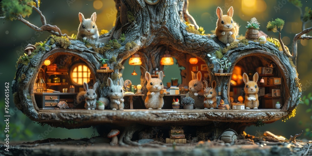Obraz premium A cute, miniature 3D scene showing a group of friendly, woodland creatures (squirrels, rabbits, and hedgehogs) diligently working together in a whimsical, tree-housed office
