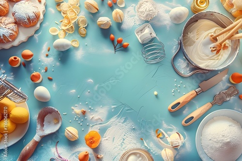 Baking utensils header. Measuring spoons, sea salt, eggs, flour, oil and sugar with whisks and cookie cutters on a modern concrete background with copy space. Making pastry concept