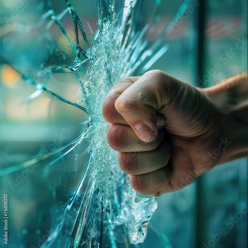 Hand punches the glass wall, AI generated Image
