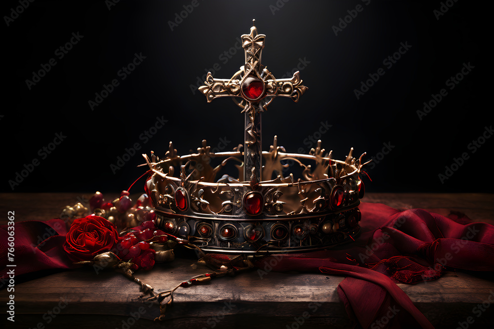 Golden cross crown with red ruby gemstone, surround with red rose and red clothes. Dark vibes illustration with dark background