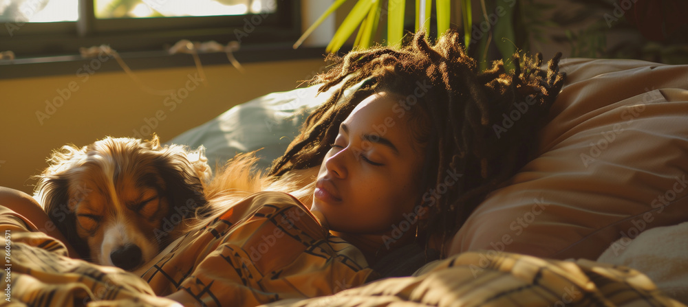 Tranquil woman with dreadlocks enjoying a sunlit nap with loyal dog Tranquil woman with dreadlocks enjoying a sunlit nap with loyal dog