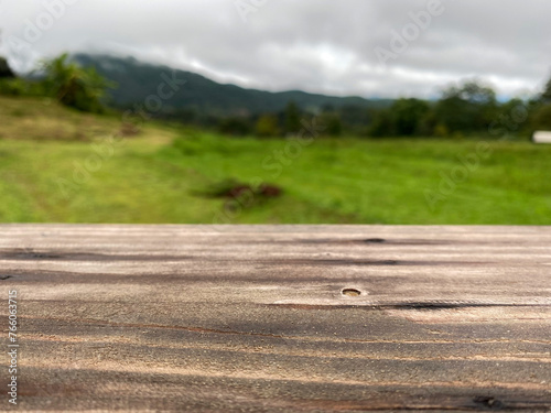 Brown wooden terrace in front of plant and meadow on the mountain under cloudy sky. Real nature of countryside with sunset in the evening.