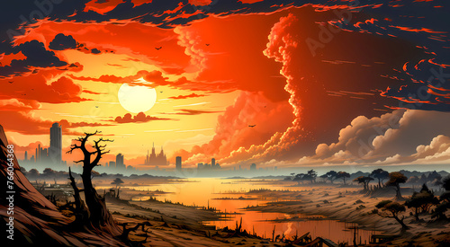 Apocalyptic Sunset Skyline with Dramatic Clouds