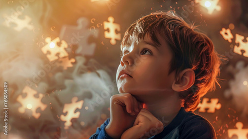 Glowing puzzle pieces, how thoughts and ideas revolve around the head of a child with autism syndrome photo