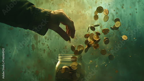 Hand dropping coins into 'Savings' jar against falling stocks, symbolizing financial resilience. photo