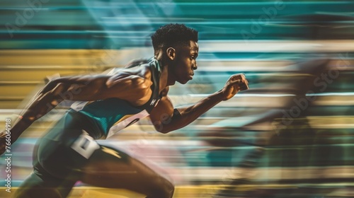 Dynamic image of a young male sprinter in mid-race, displaying intense focus and speed with a motion blur effect highlighting his swift movement photo