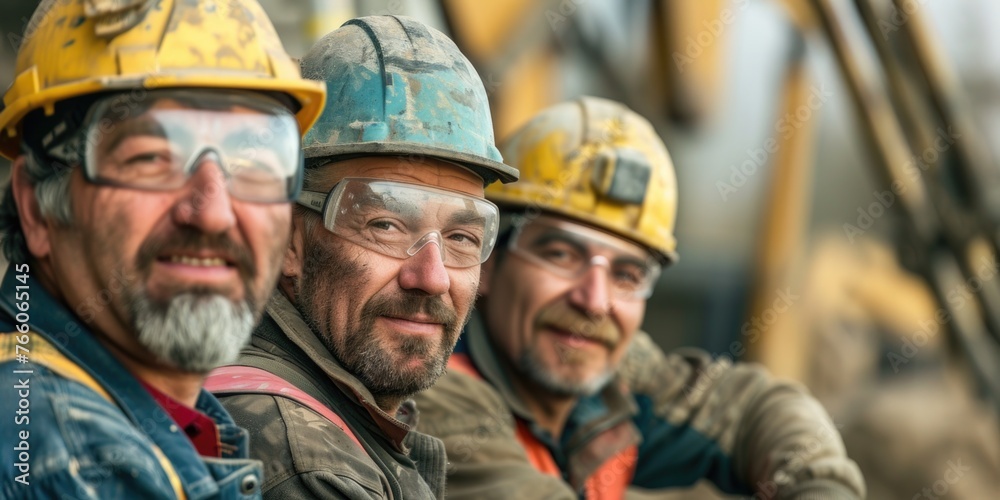 Three men wearing hard hats and safety glasses are smiling for camera