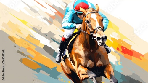 Horse is running in race with jockey on its back