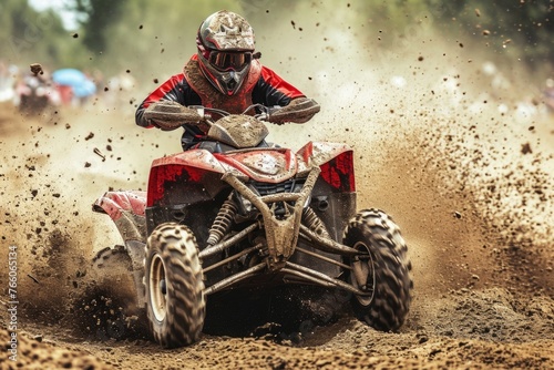 Man is riding red ATV in muddy field
