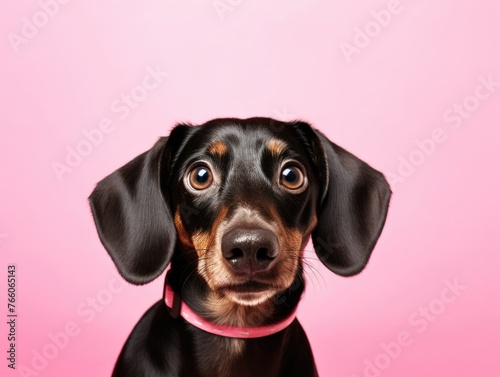 Black and brown dog with pink collar is staring at camera © Alexandr