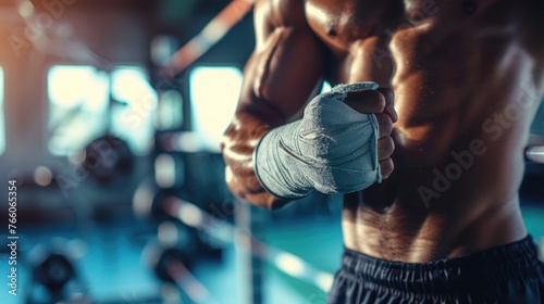 Focused shot on a boxer’s wrapped hand, poised for training in a gym setting, evoking determination and strength
