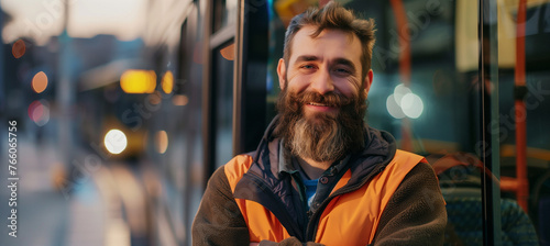 Happy bearded bus driver standing in front of bus with copy space for text © pijav4uk