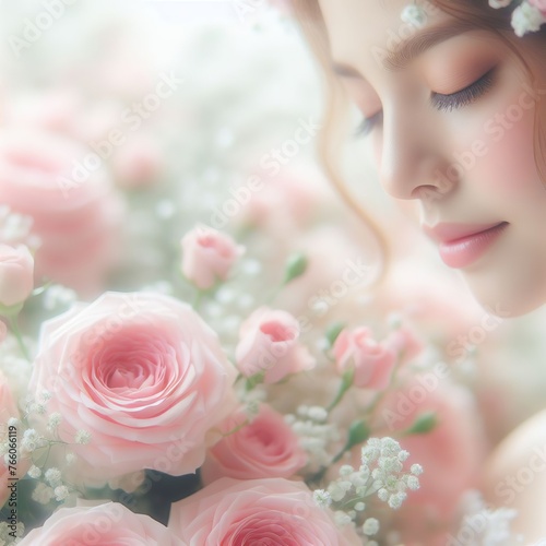 Beautiful young woman with pink roses and white flowers. Soft focus.