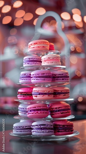 A tower of macarons in glass plates, stacked on top of each other on the counter at an French coffee shop with a blurred background, illustration made with Generative AI 