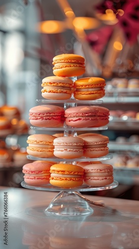 A tower of macarons in glass plates, stacked on top of each other on the counter at an French coffee shop with a blurred background, illustration made with Generative AI 