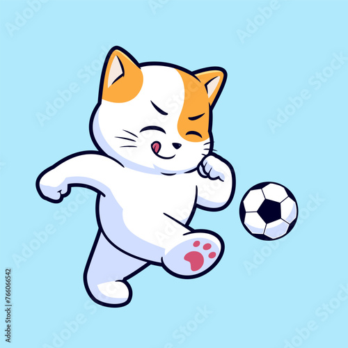 Cute cat playing soccer or football cartoon vector icon illustration. Flat style animal cartoon logo