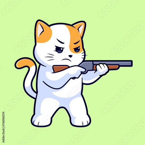 Cute cat shooting gun pistol cartoon vector icon illustration. Flat style animal cartoon logo