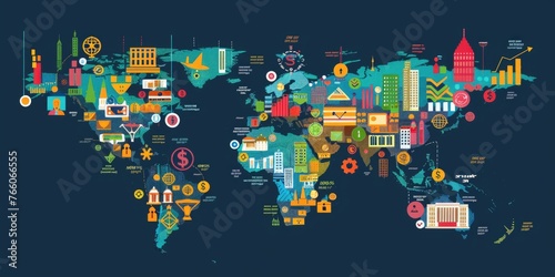 An informative world map infographic detailing various economic sectors and financial concepts with graphics and icons