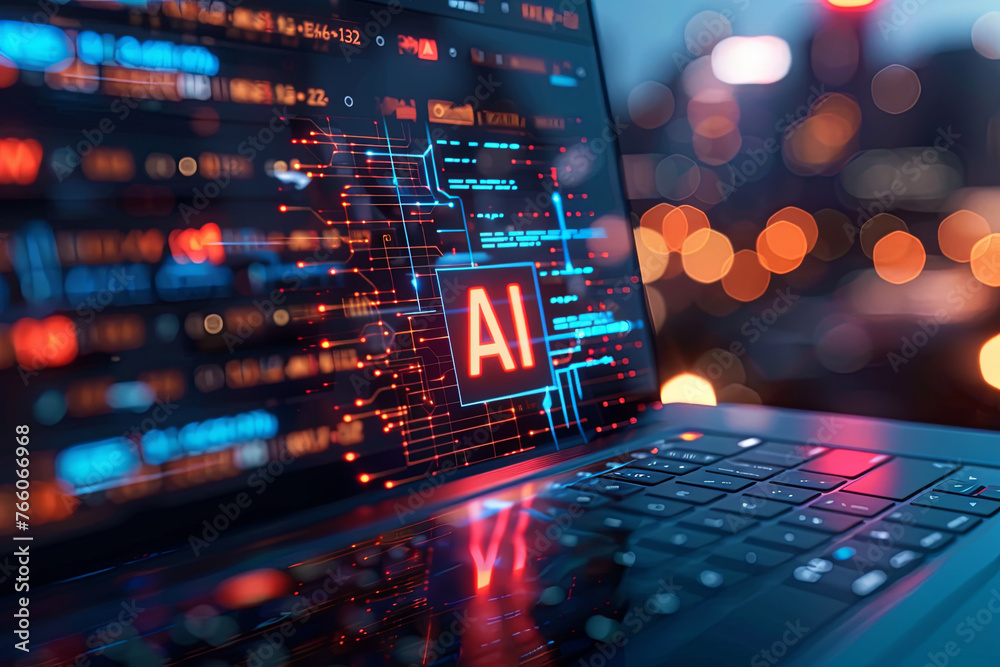 A computer designed for AI, with AI text on the screen A computer designed for AI, with AI text on the screen